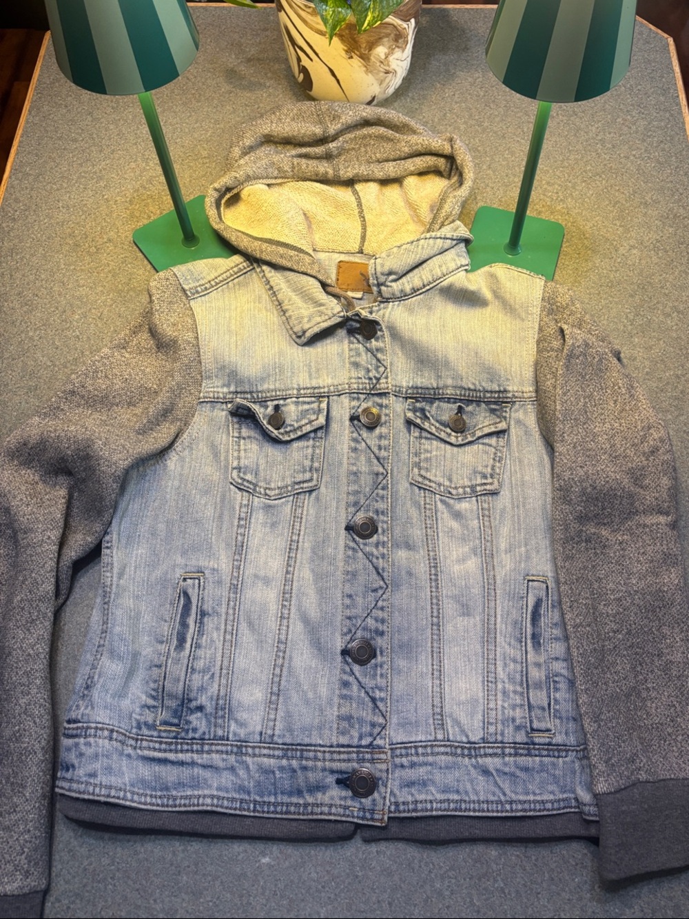 American Eagle Outfitters Light Blue Denim Jacket with Gray Knit Sleeves